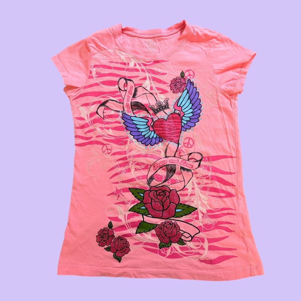 Y2K Pink Graphic Baby Tee Winged Glitter Heart Roses Scene Grunge #17